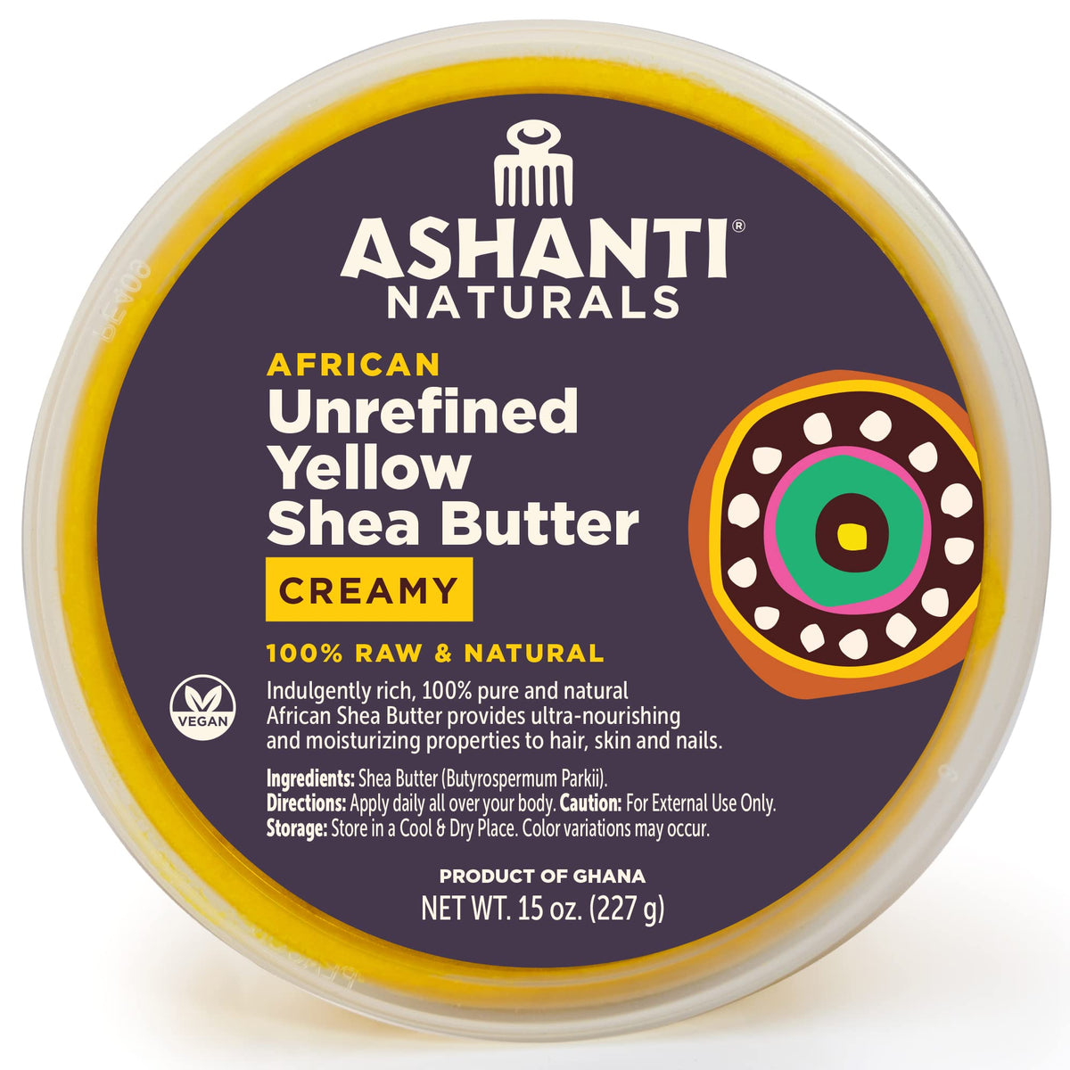 Ashanti Naturals Yellow Raw Shea Butter jar, creamy texture for daily skin and hair hydration.