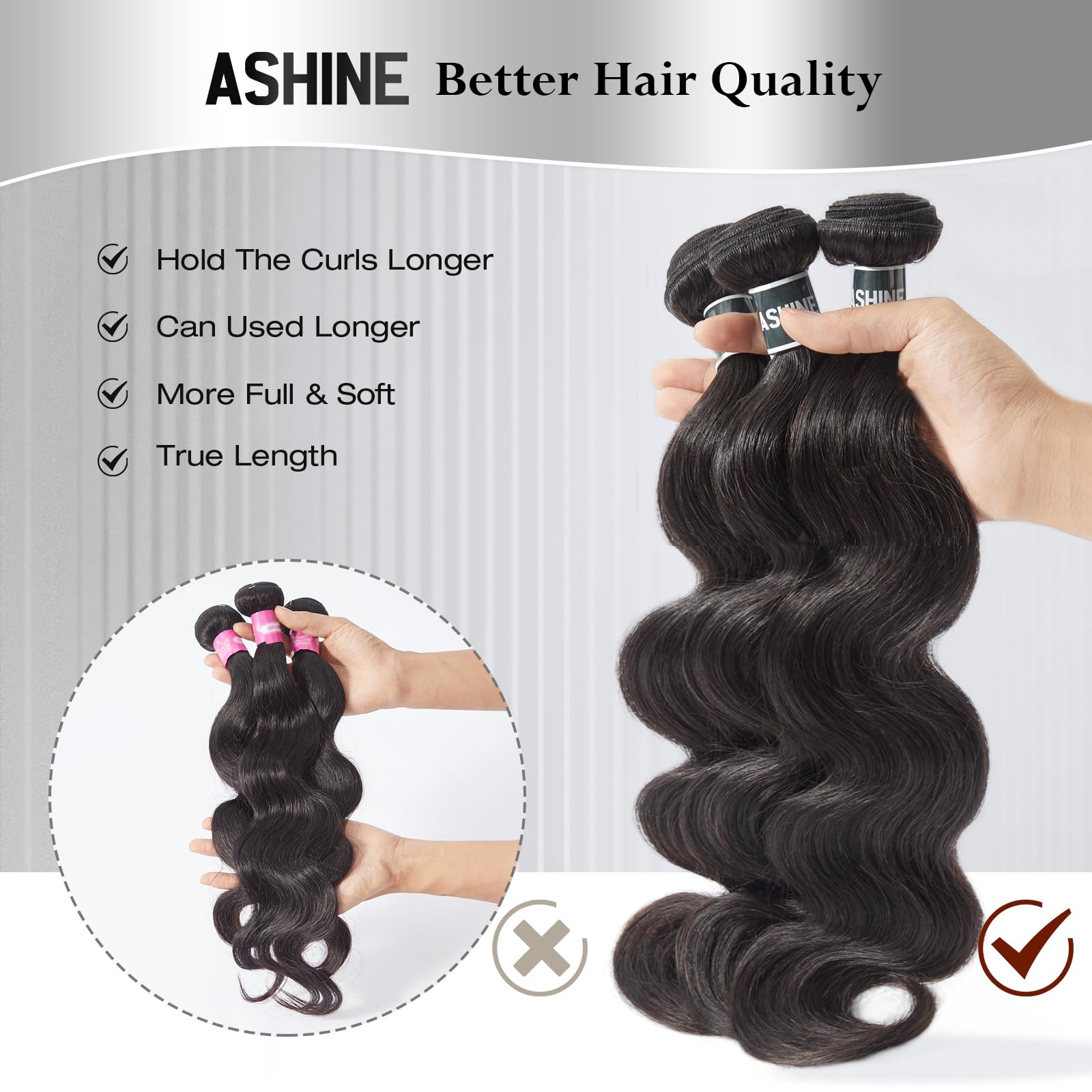ASHINE body-wave straight bundles offer versatile styling for smooth to defined waves.