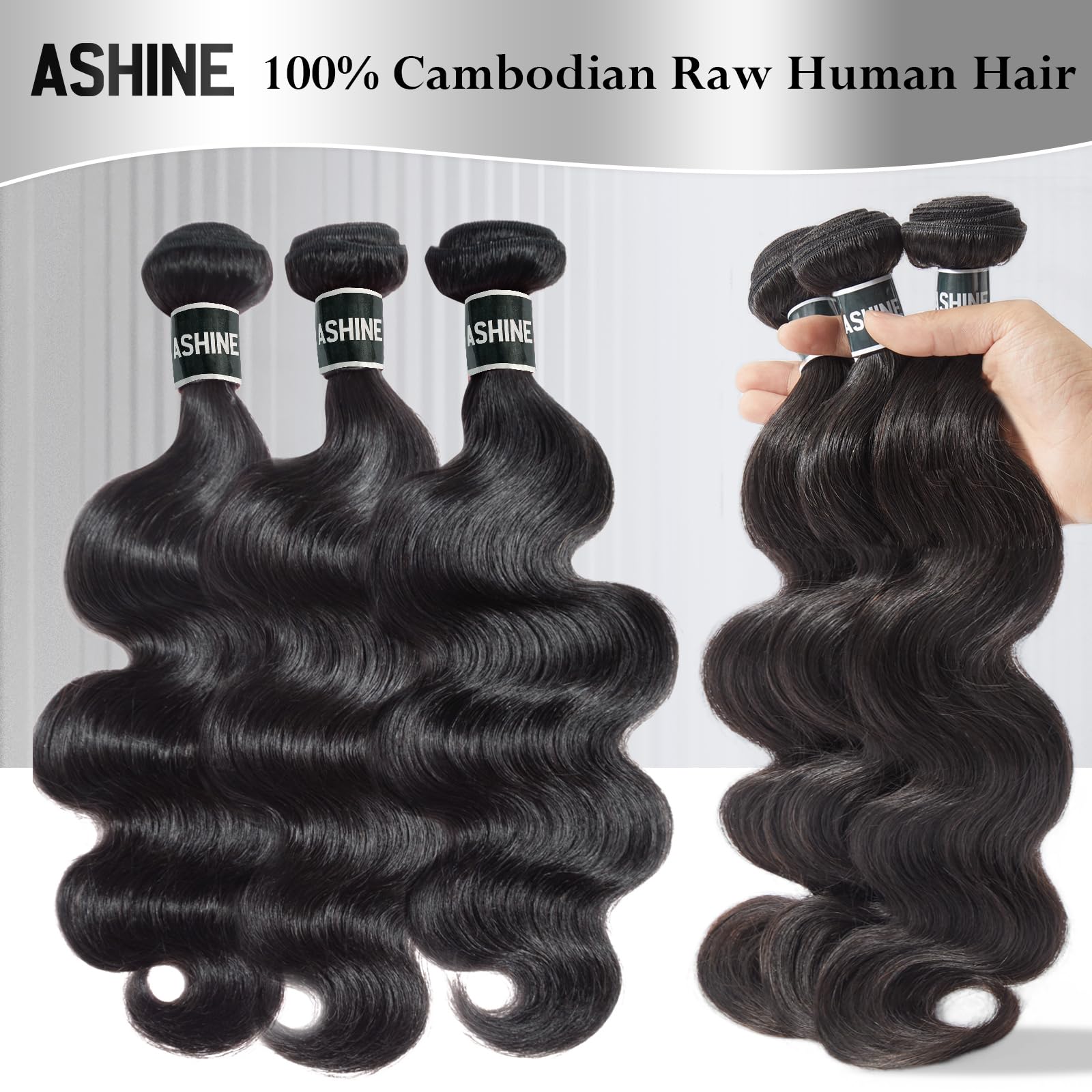ASHINE Cambodian raw hair bundles close-up cuticles demonstrate aligned strands for longer-lasting curls.