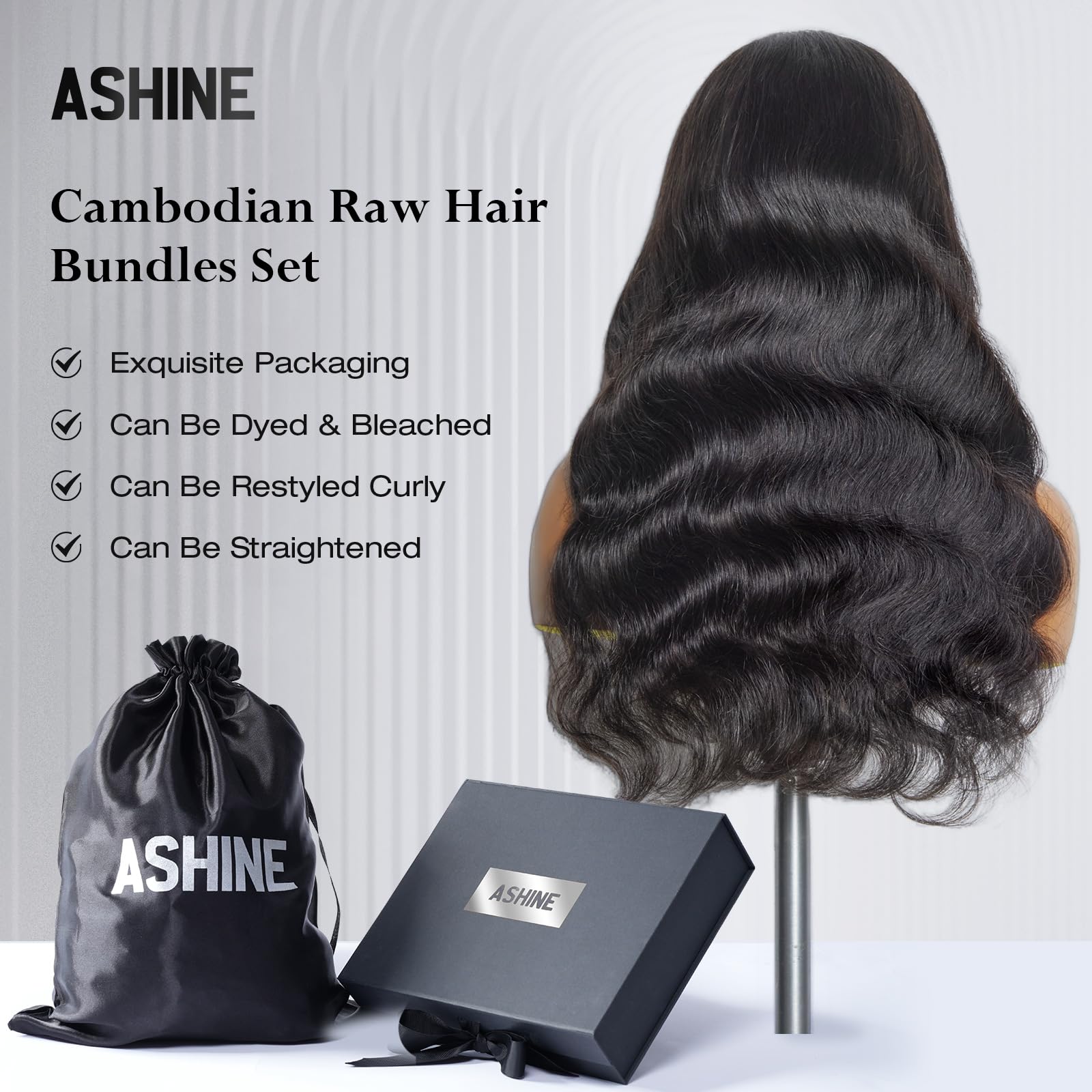 ASHINE dye-bleach-ready hair bundles allow color customization with careful handling.