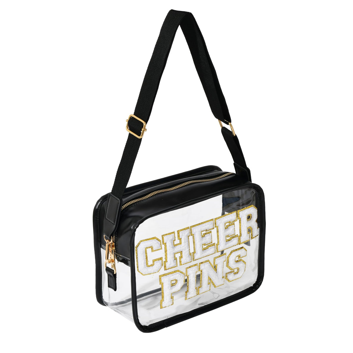 Ashpin Cheer Pins Bag front view shows clear panel and gold zipper for organized storage.