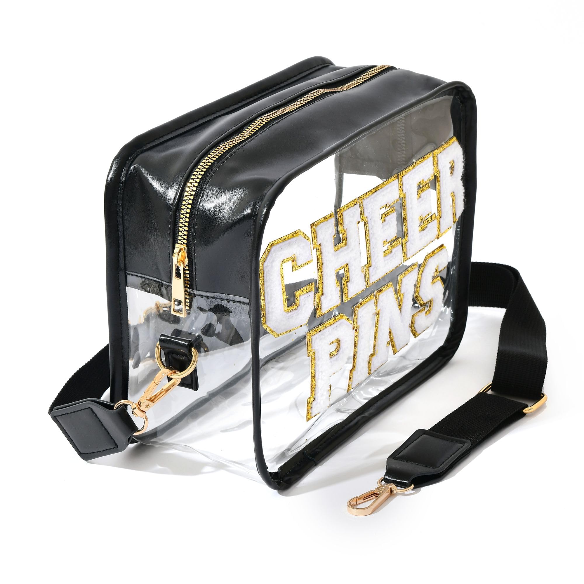 Ashpin Cheer Pins Bag side-straps shows adjustable strap for crossbody or clutch wear.
