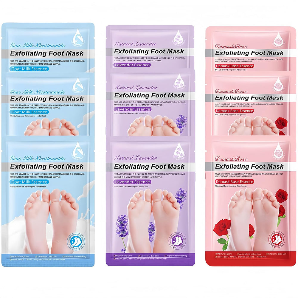 ASMAYSA Foot Peel Mask 9 Pack packaging showcases trio scents for easy home spa