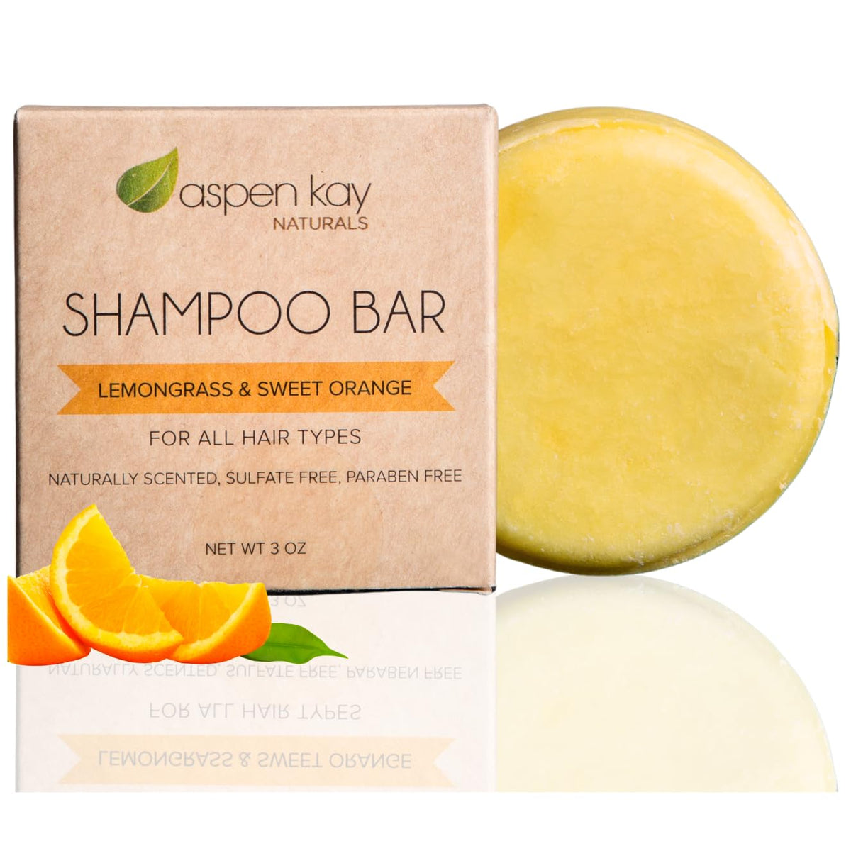 Aspen Kay Naturals Moroccan Argan Oil Shampoo Bar front label shows organic formula for healthy hair.