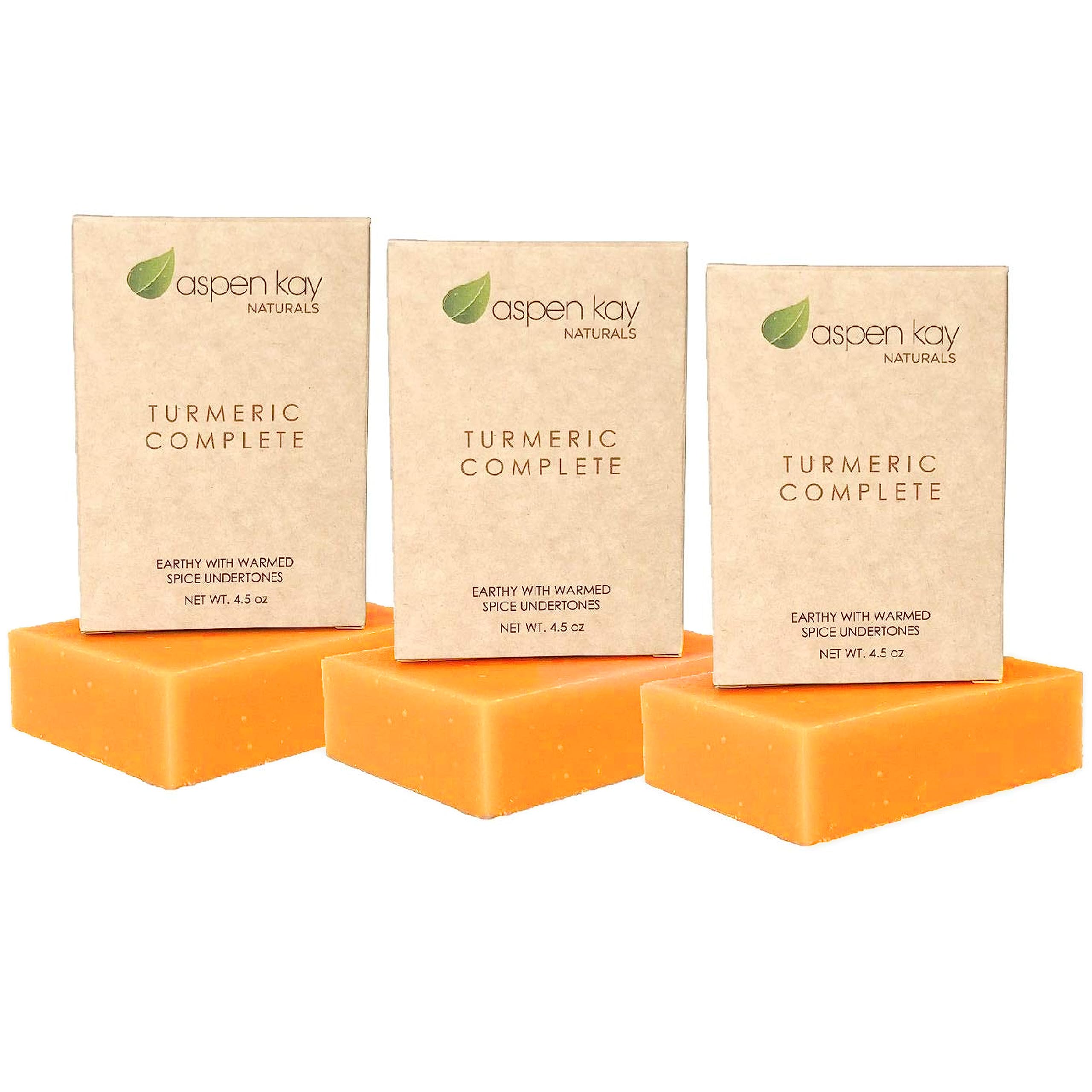 Aspen Kay Naturals turmeric soap bar packaging closeup showing natural ingredients