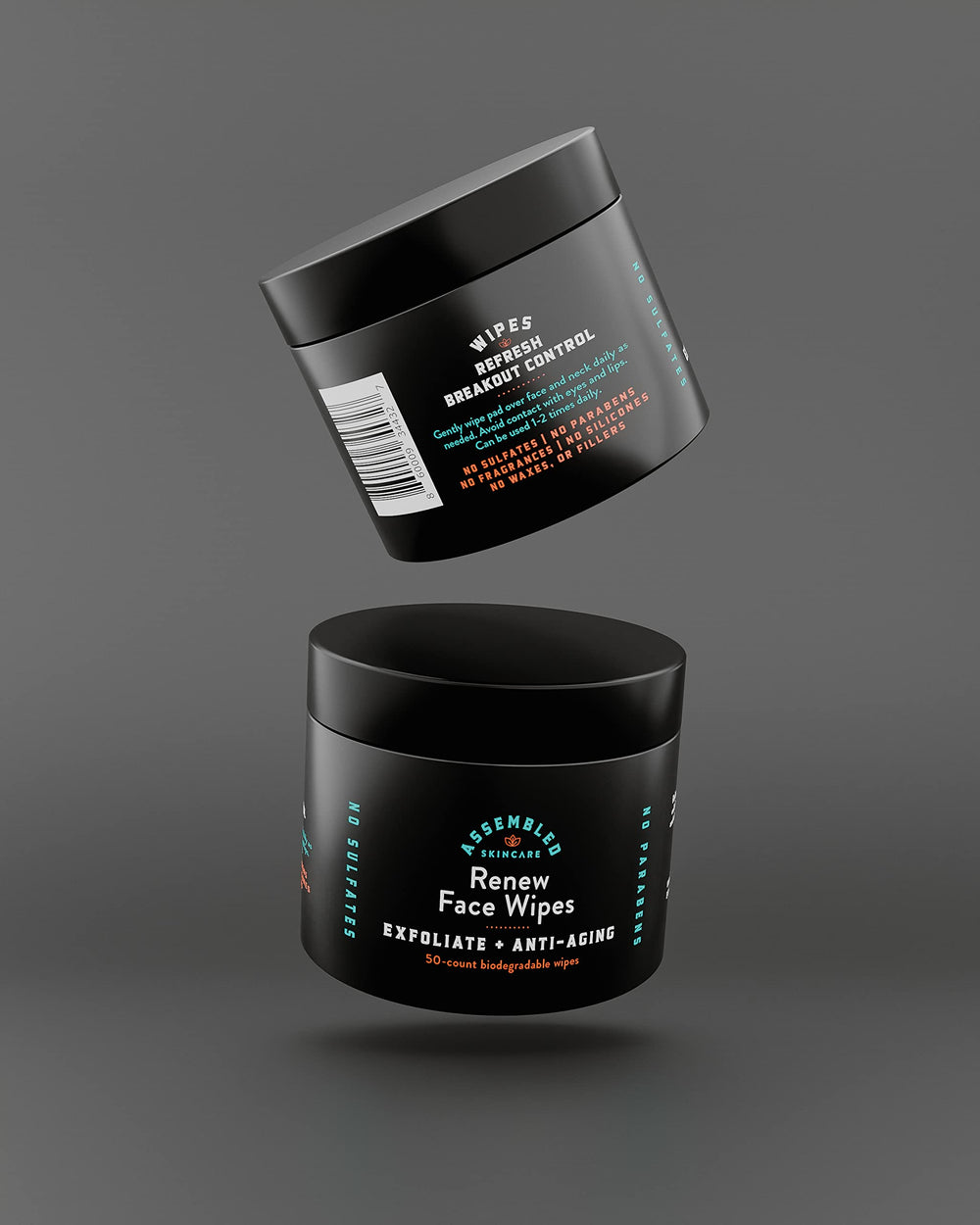 Assembled Renew Face Wipes 50-count label image highlights long-lasting convenience.
