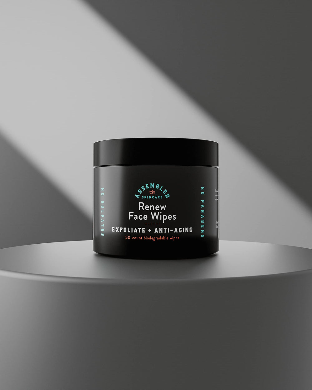 Assembled Renew Face Wipes brand logo framing clean, minimal packaging for everyday skincare.