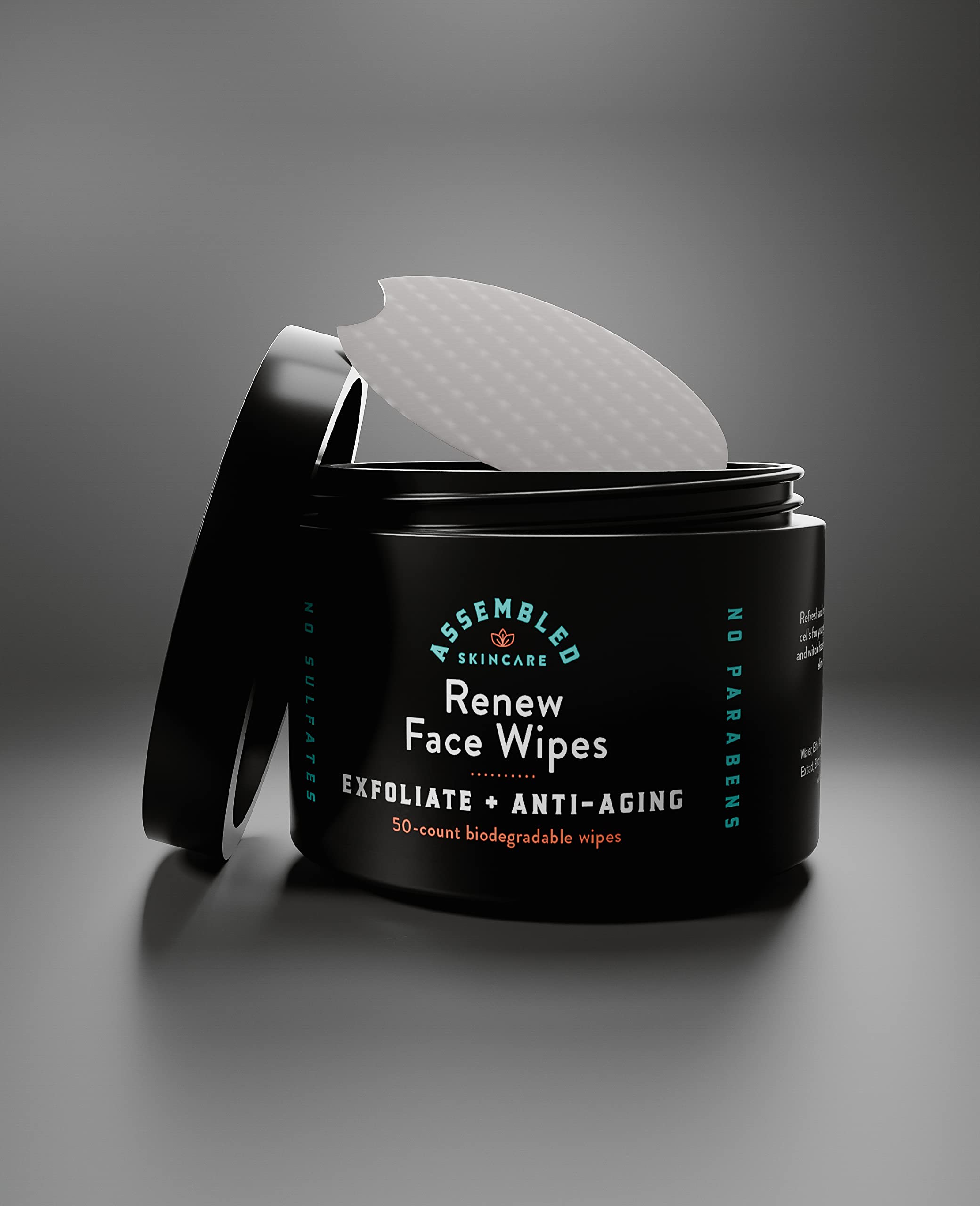 Assembled Renew Face Wipes close-up texture highlights gentle exfoliation for smoother skin.