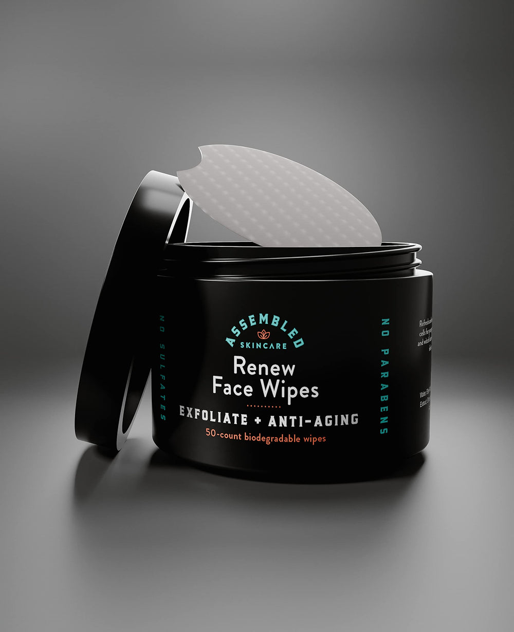 Assembled Renew Face Wipes close-up texture highlights gentle exfoliation for smoother skin.
