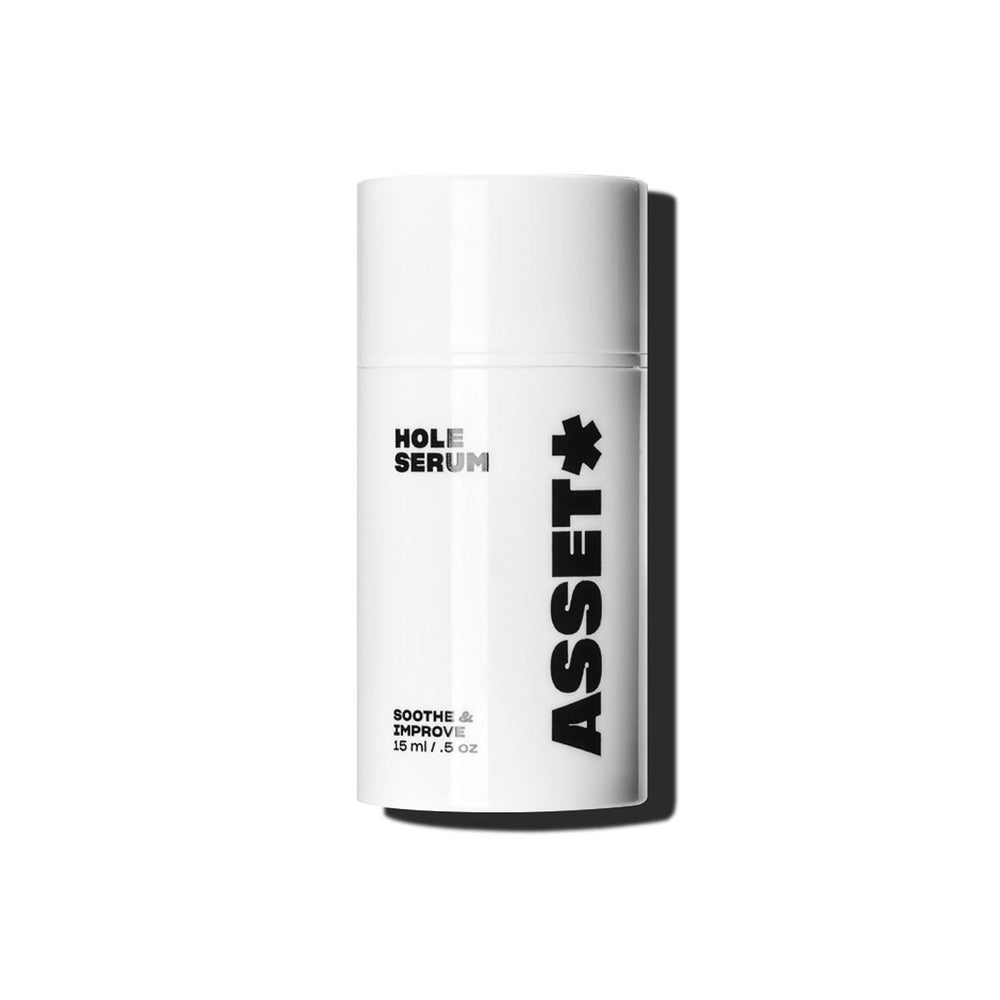 Asset Hole Serum bottle front—compact 15ml packaging for daily soothing use.