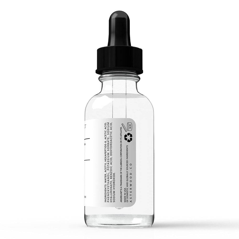 Asterwood Argireline Serum clear bottle on white background.