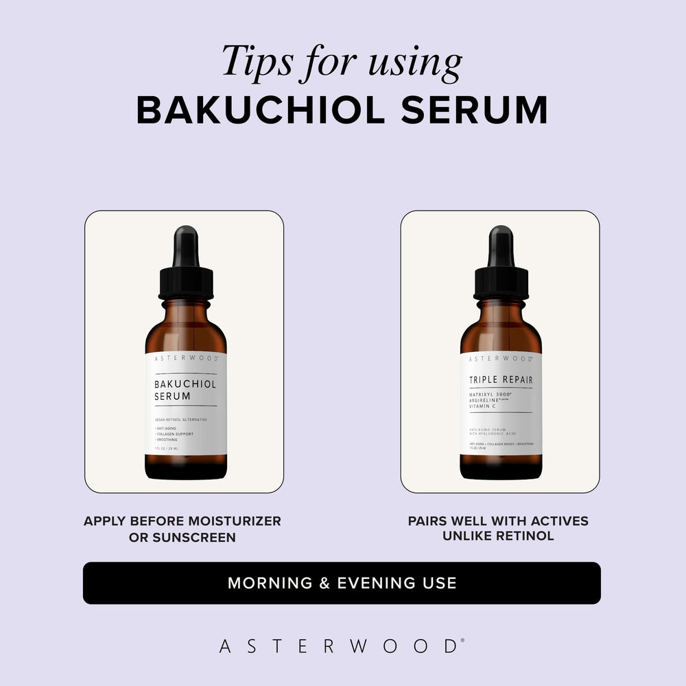 Asterwood Bakuchiol Serum featured in daily routine imagery for morning and night use.