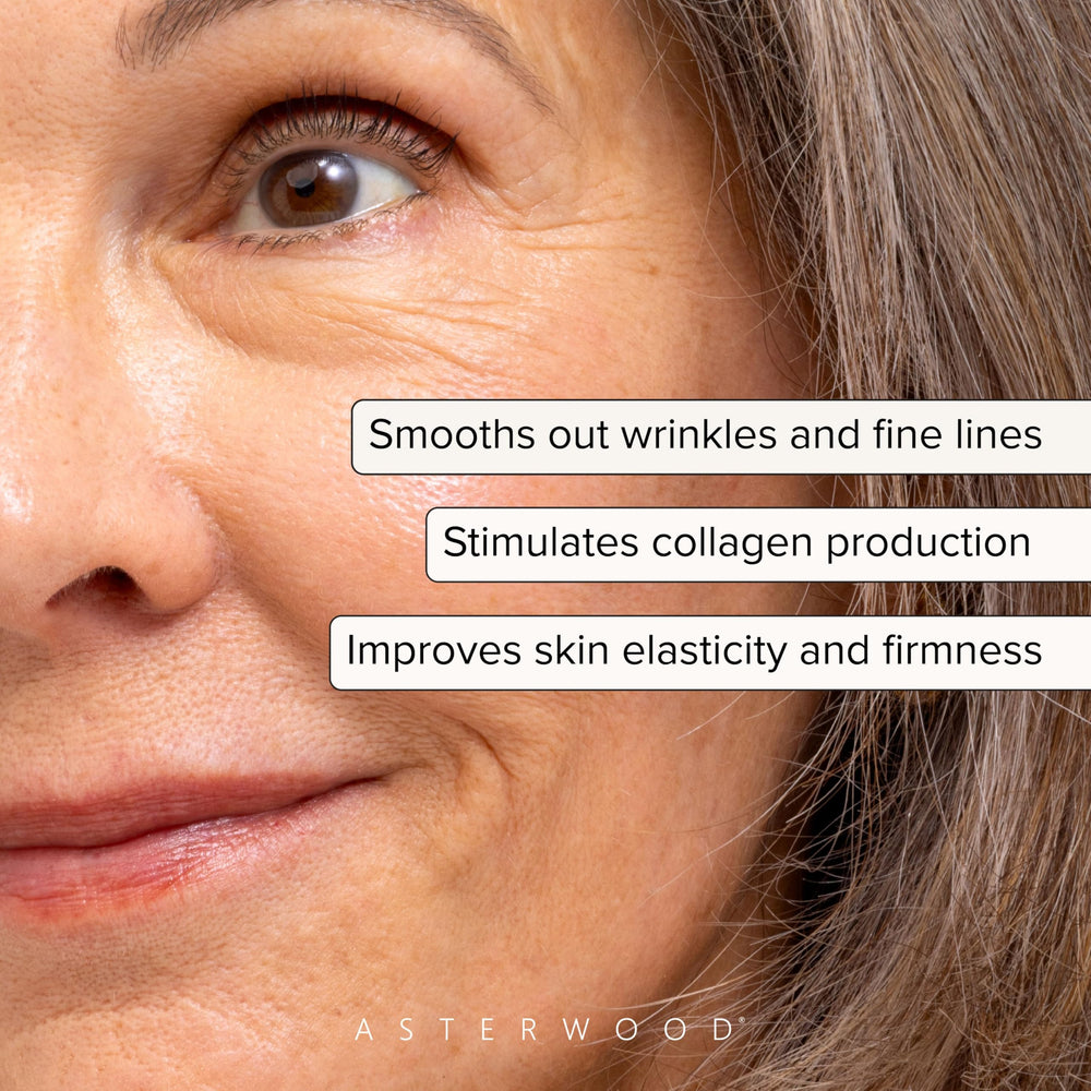 Asterwood Bakuchiol Serum ingredient panel emphasizing plant-based formula for smoother skin.