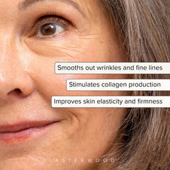 Asterwood Bakuchiol Serum ingredient panel emphasizing plant-based formula for smoother skin.
