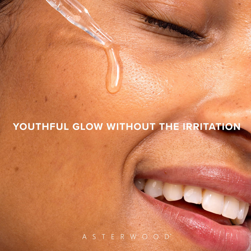 Close-up of Asterwood Bakuchiol Serum texture emphasizing fragrance-free formula for sensitive skin.