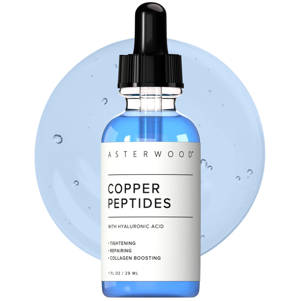 Asterwood Copper Peptides Serum bottle closeup for a daily anti-aging routine.