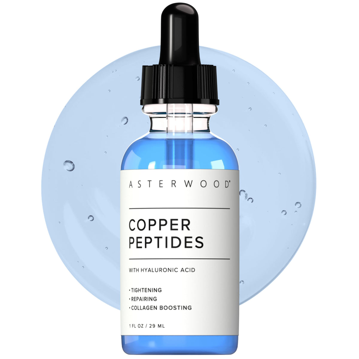 Asterwood Copper Peptides Serum bottle closeup for a daily anti-aging routine.