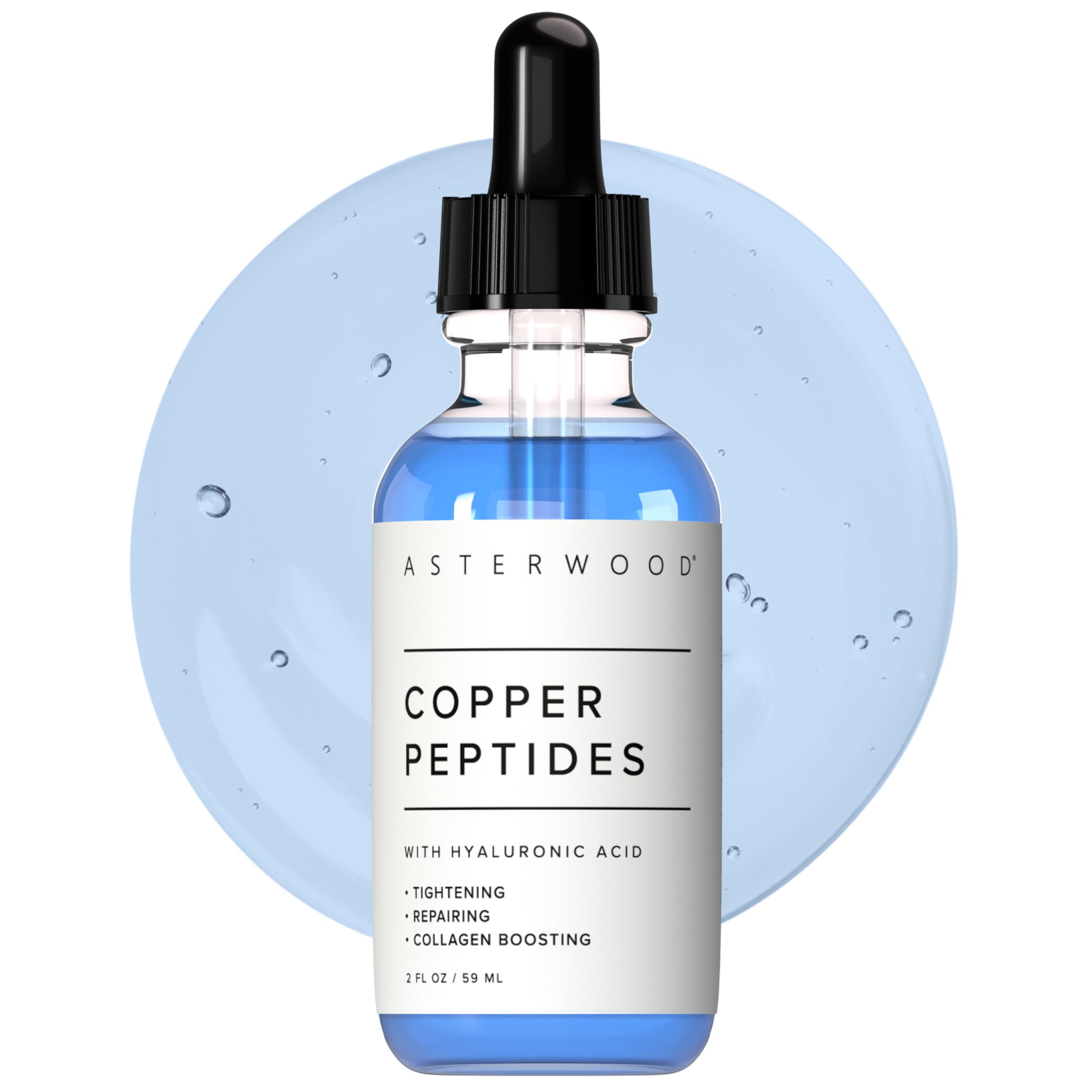 Asterwood copper peptides serum bottle closeup, signaling quick absorption for daily use.