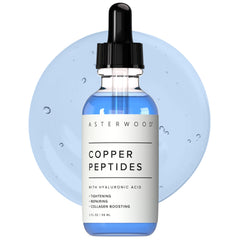 Asterwood copper peptides serum bottle closeup, signaling quick absorption for daily use.