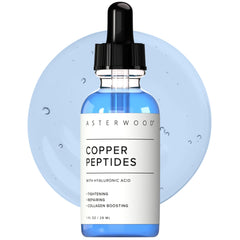 Asterwood Copper Peptides Serum bottle closeup for a daily anti-aging routine.