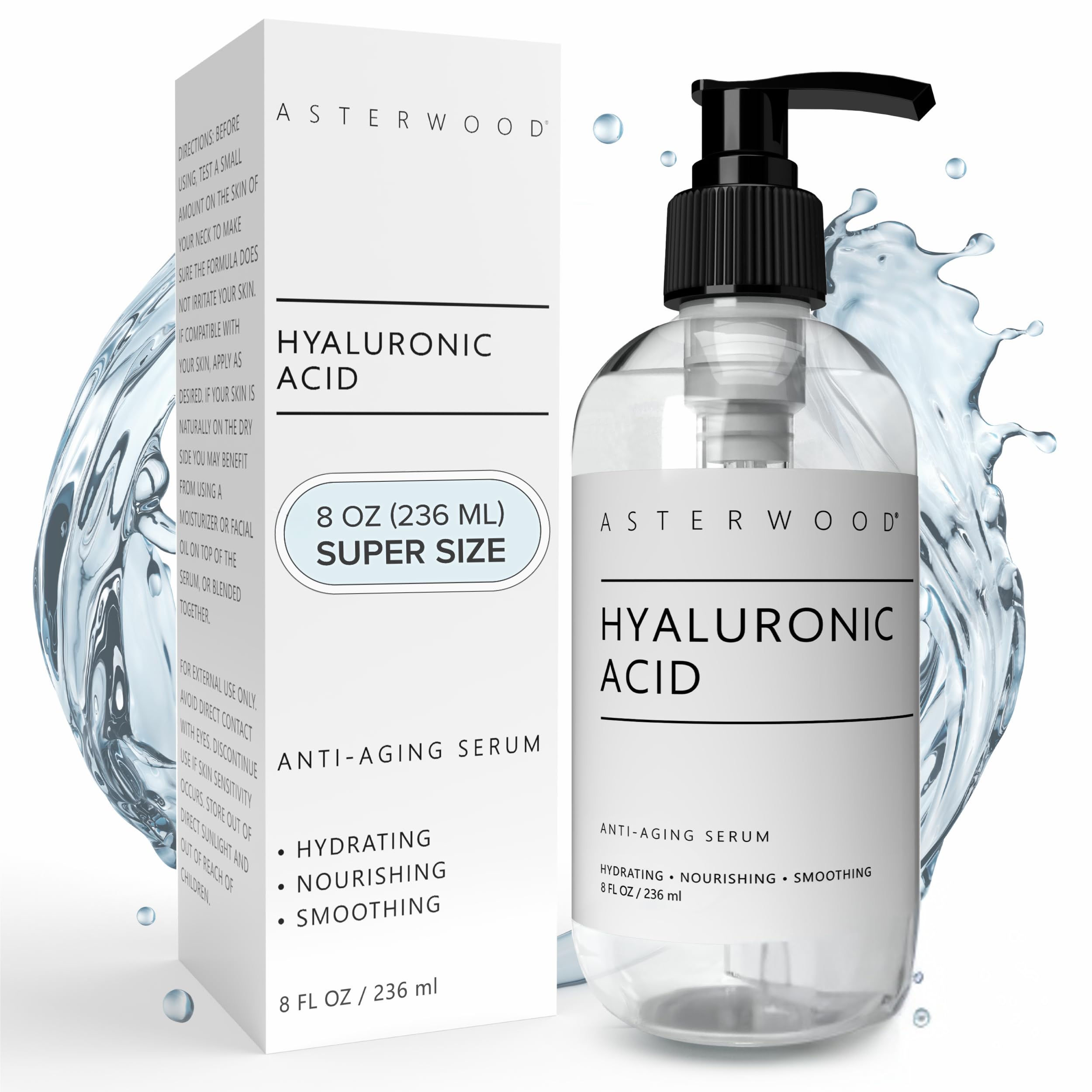 Asterwood hyaluronic acid serum bottle closeup showing hydration-friendly formula for daily use