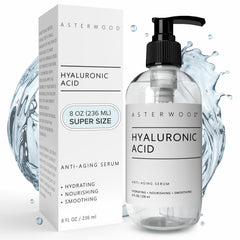 Asterwood hyaluronic acid serum bottle closeup showing hydration-friendly formula for daily use