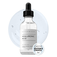 Asterwood Hyaluronic Serum bottle close-up highlighting fragrance-free hydration for the face.