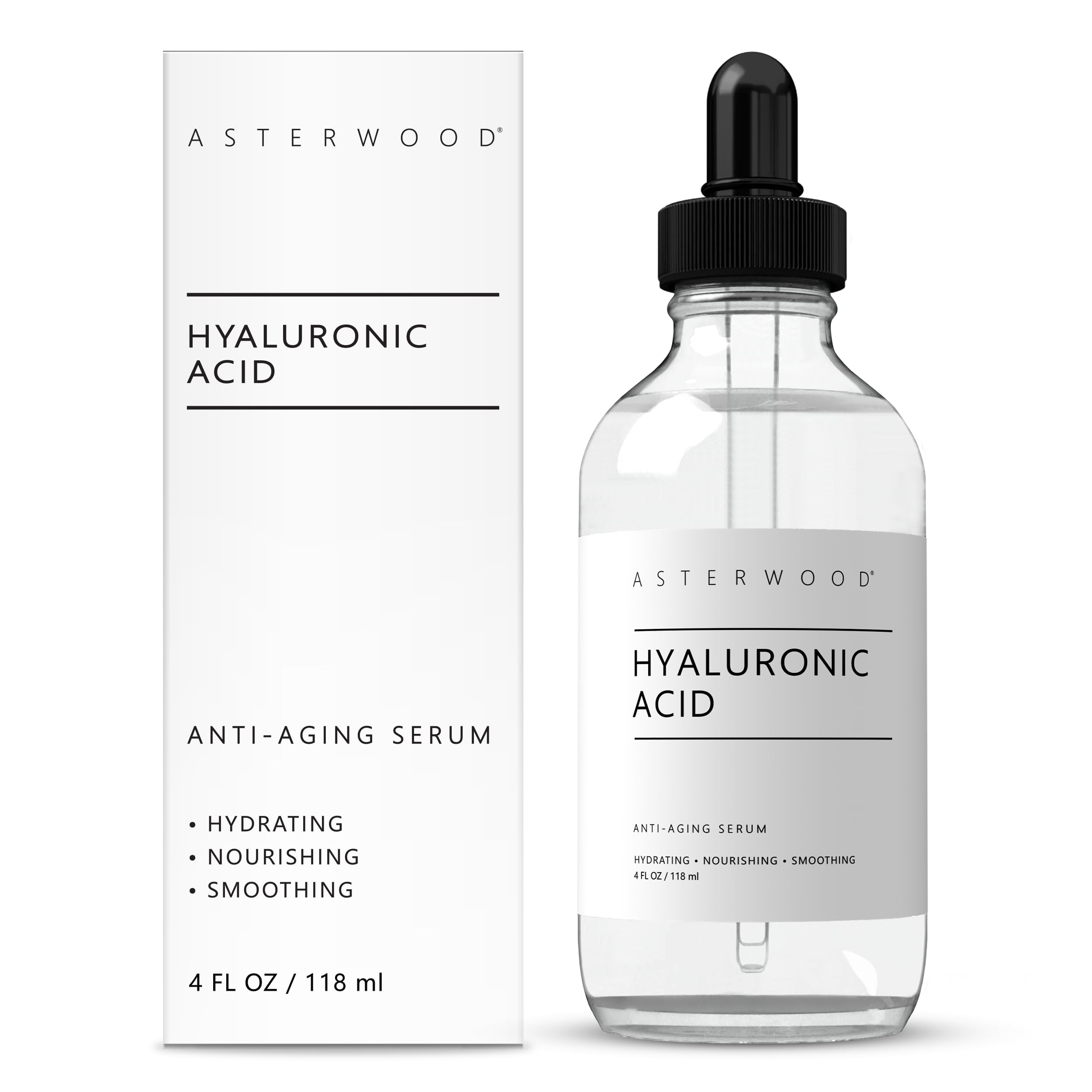 Asterwood Hyaluronic Serum face bottle shown for daily hydration on clean skin