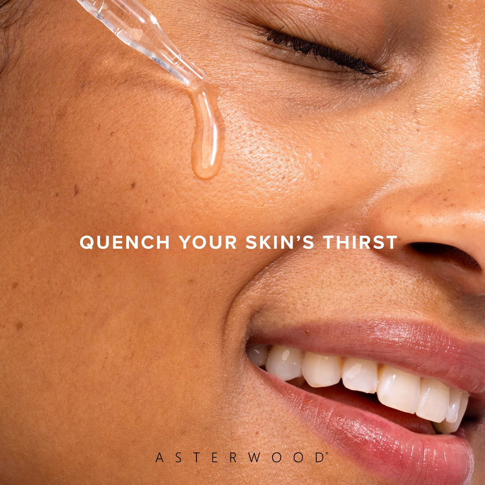 Asterwood Hyaluronic Serum on damp skin delivering deeper hydration and plumping effect.