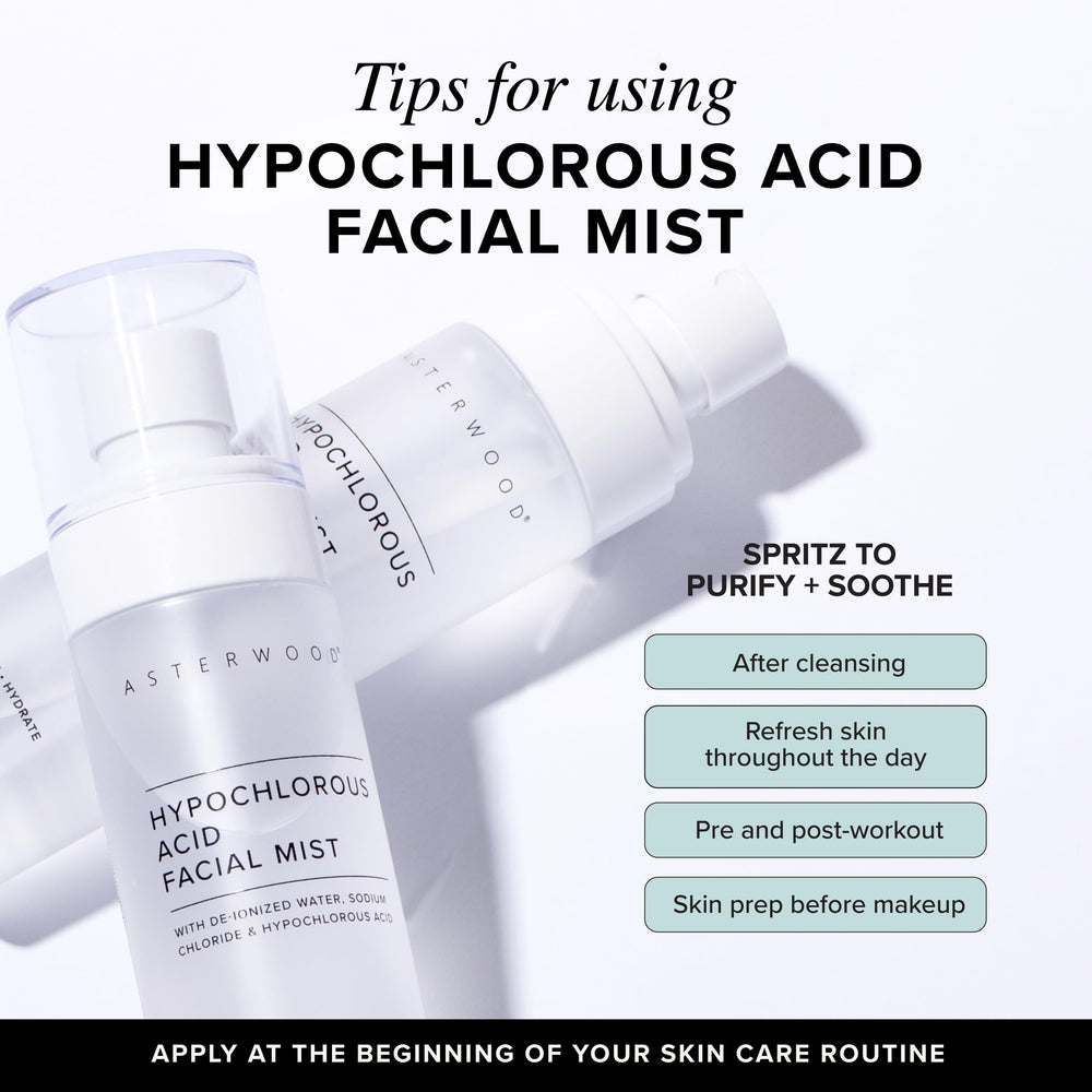 Asterwood Hypochlorous Acid Spray label closeup emphasizes safety and multi-surface use.
