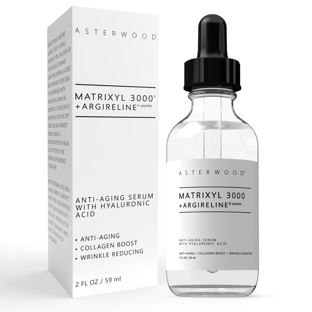 Asterwood Matrixyl 3000 + Argireline serum bottle for daily anti-aging care.