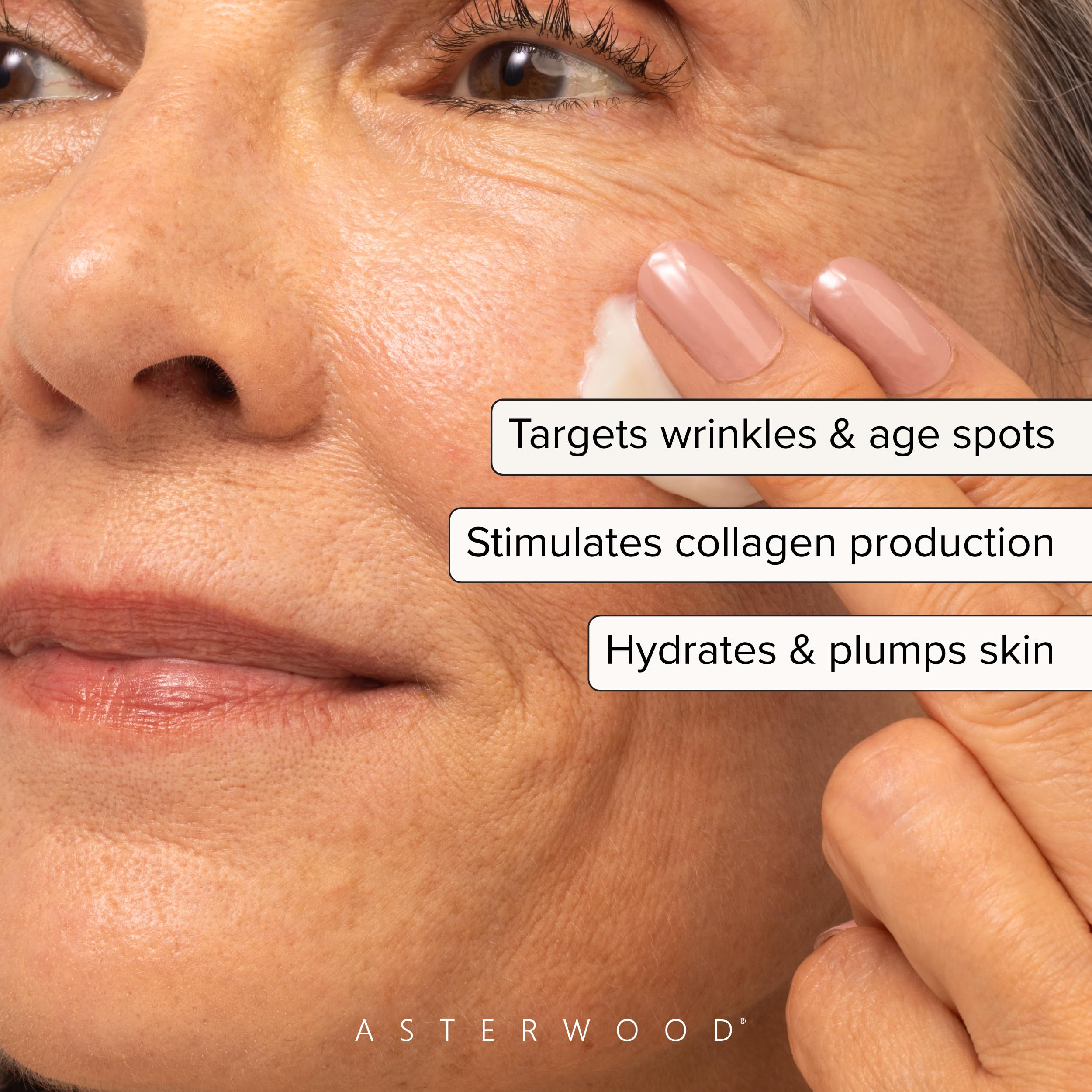 Asterwood matrixyl 3000 argireline vitamin C swatch reveals smooth texture and glow.