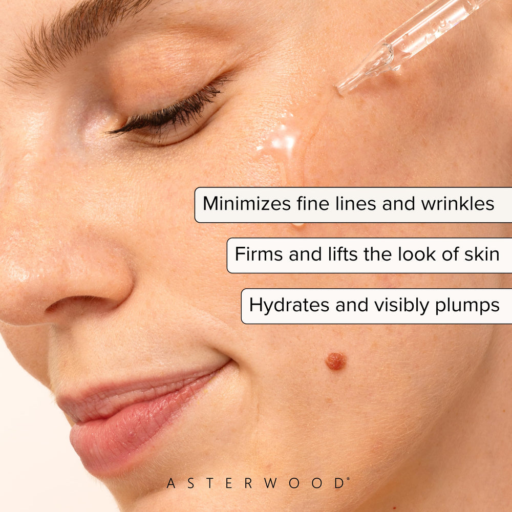 Asterwood Matrixyl 3000 + Argireline serum closeup texture shows lightweight, non-greasy feel.