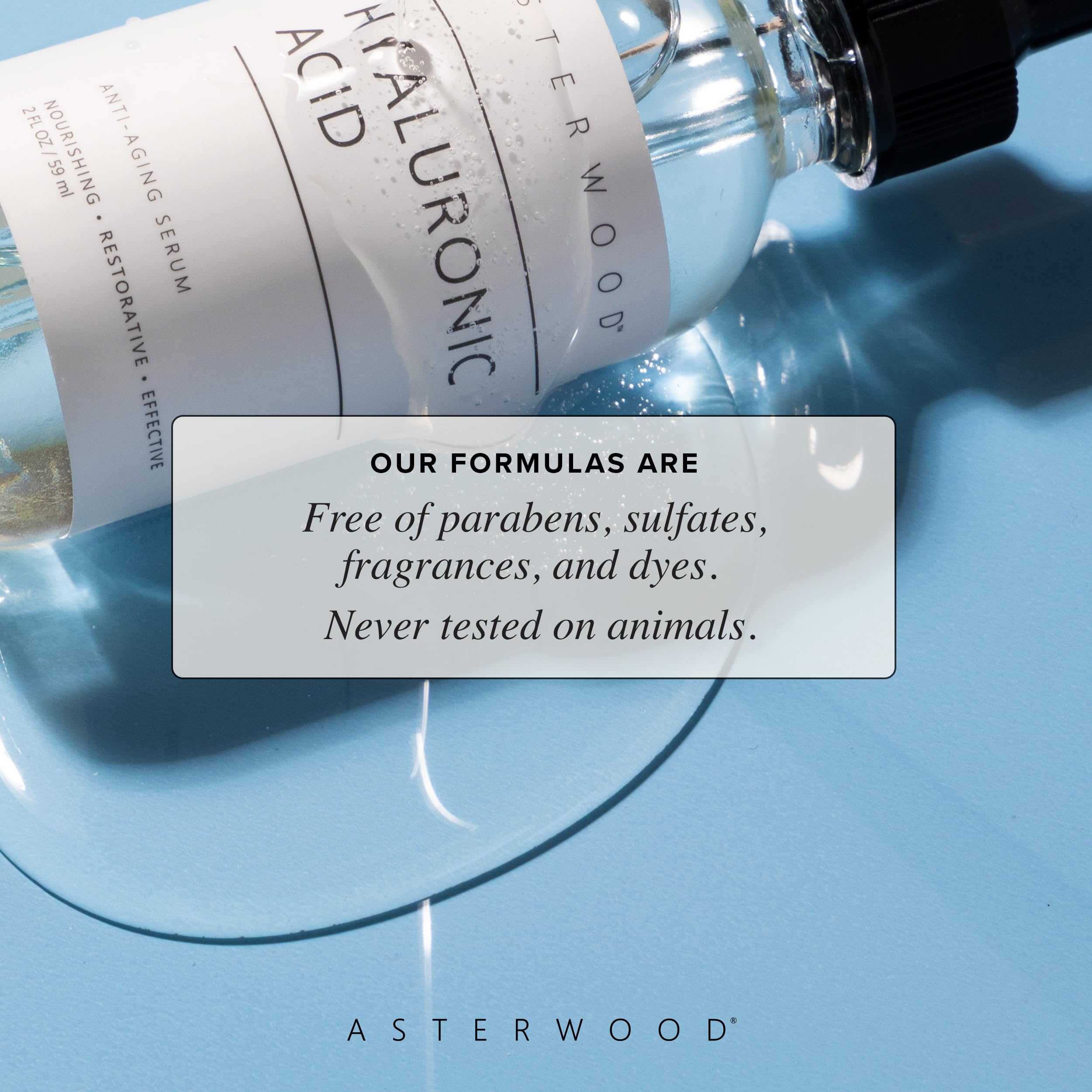 Asterwood Hyaluronic Serum close-up showing dewy, hydrated complexion