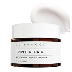 Asterwood triple repair cream tube close-up showcasing rich night cream texture for overnight hydration.