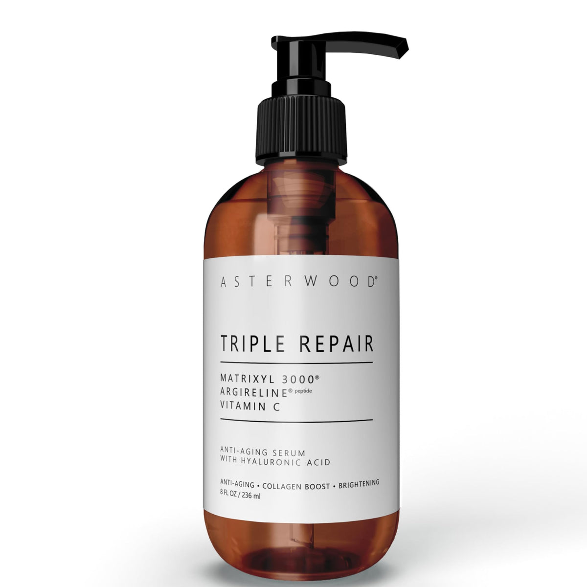 Asterwood Triple Repair Serum bottle emphasizes premium branding and anti-aging benefits.