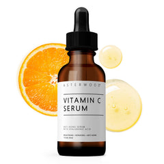 Asterwood Vitamin C Serum bottle close-up showing fragrance-free formula for sensitive skin.