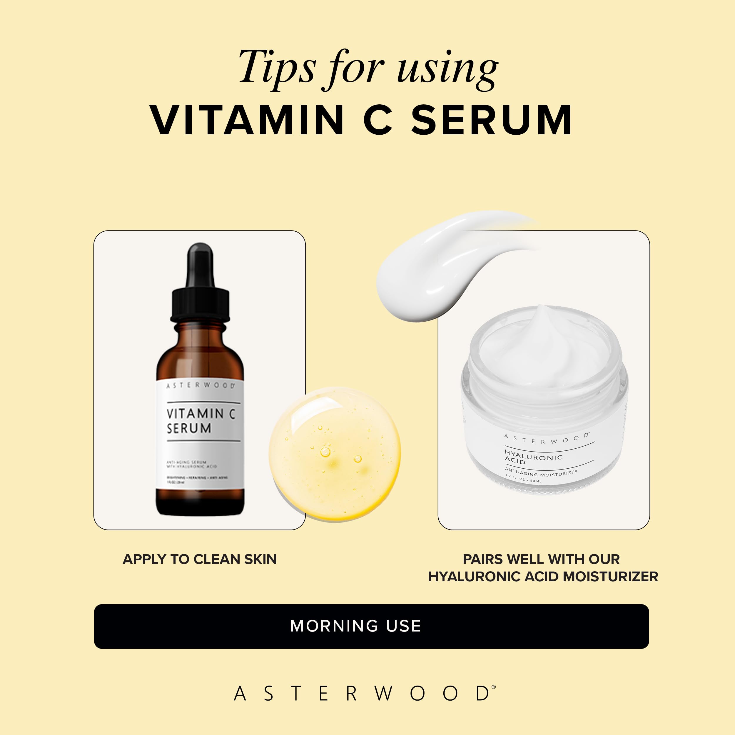 Asterwood Vitamin C Serum closeup shows clear serum and label detail.