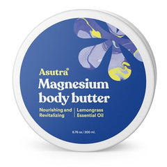 ASUTRA Magnesium Body Butter Jar close-up highlighting rich texture for daily moisturization.