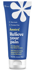 ASUTRA Muscle Pain Relief Cream label close-up highlighting the brand and cooling relief cue.