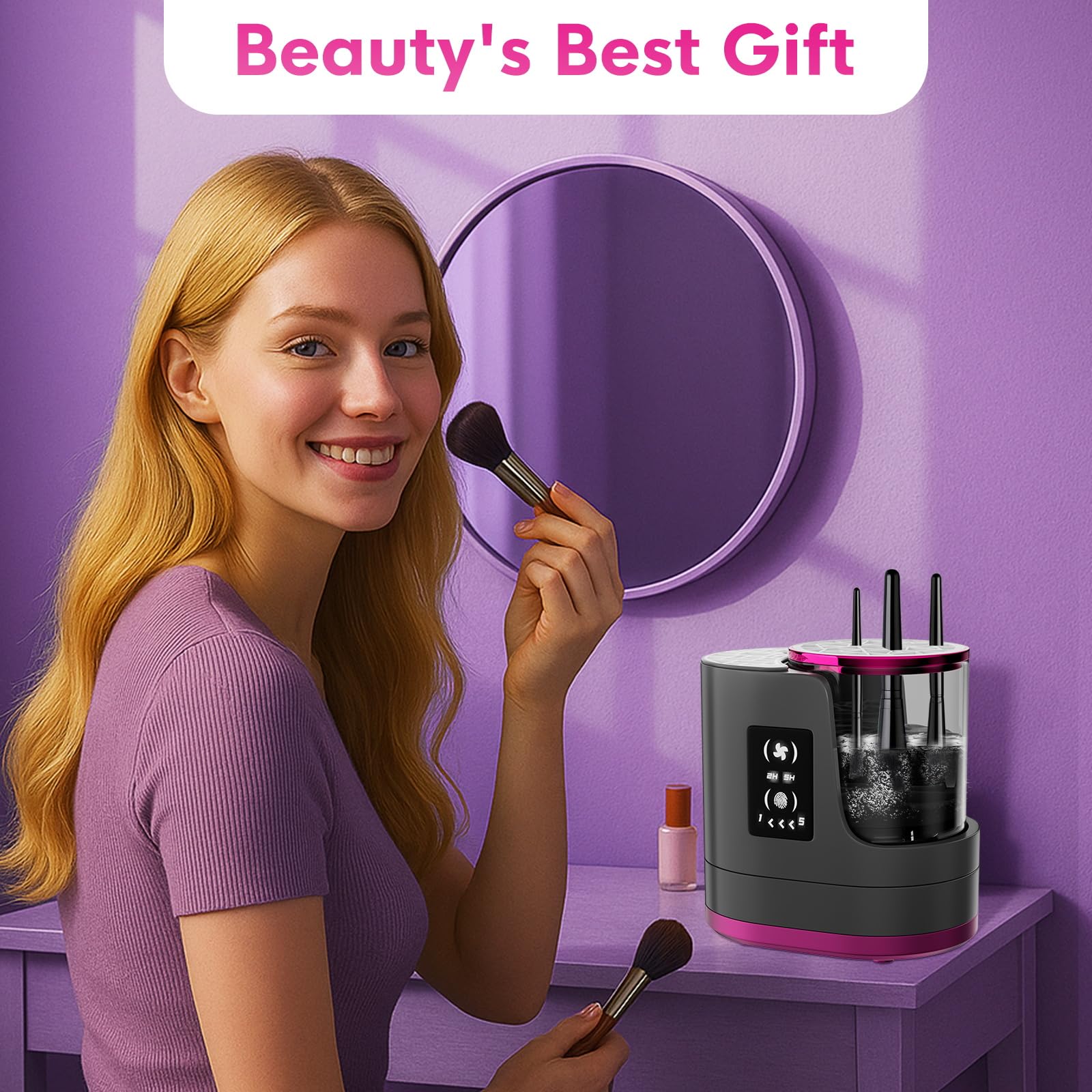 ATIDIE 3-in-1 cleaner in use with clean brushes ready for makeup.