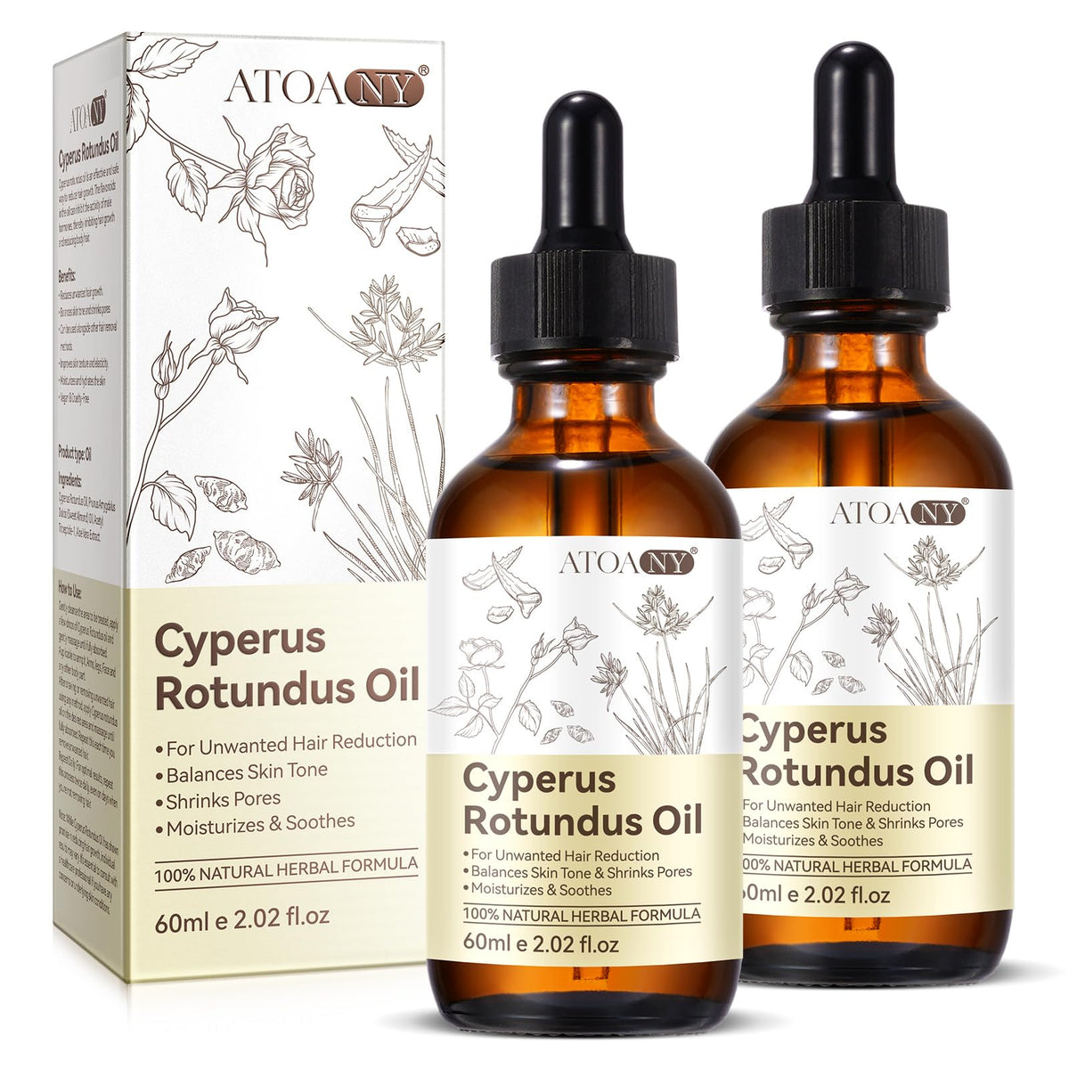 ATOANY Cyperus Rotundus Oil bottle closeup for smooth, nourished skin during hair removal