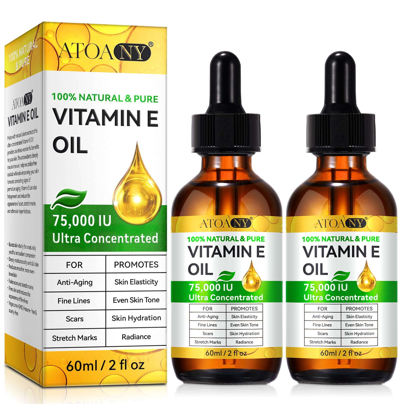 ATOANY Vitamin E Oil bottle pour delivering deep hydration for glowing skin.