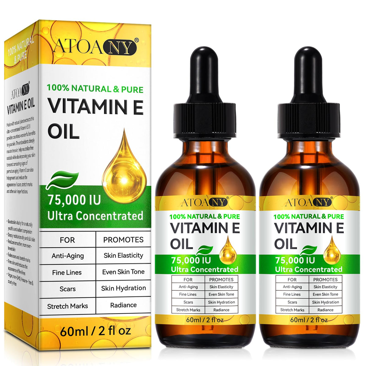 ATOANY Vitamin E Oil bottle pour delivering deep hydration for glowing skin.