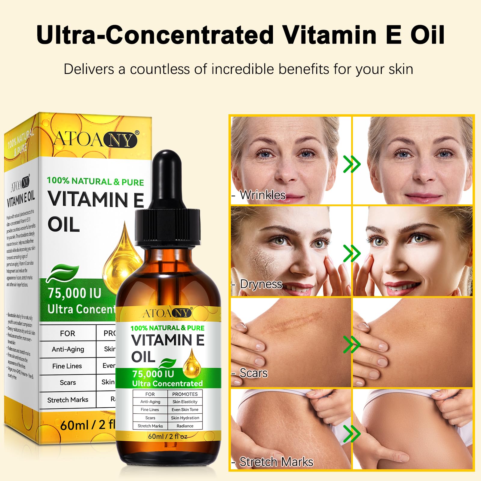 ATOANY Vitamin E Oil applied to hair ends for frizz control and shine.