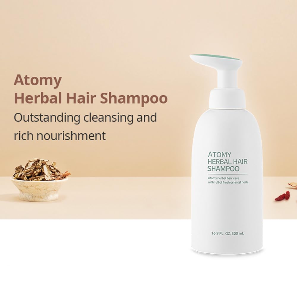 Atomy Herbal Hair Shampoo 500ml packaging shows easy-to-use size.