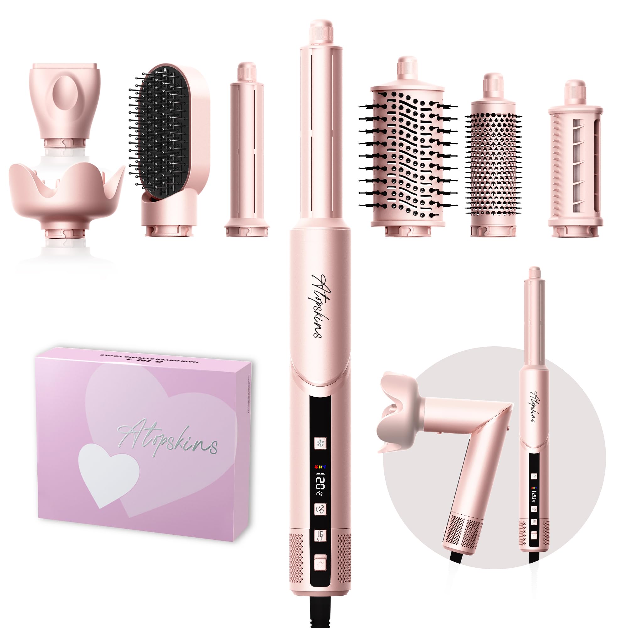 Atopskins 8-in-1 hair dryer brush pink shown in hand for quick styling versatility