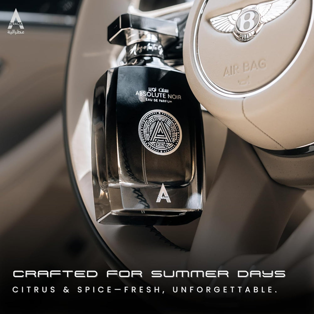Atralia Absolute Noir woody base detail hinting at enduring warmth and premium masculinity.