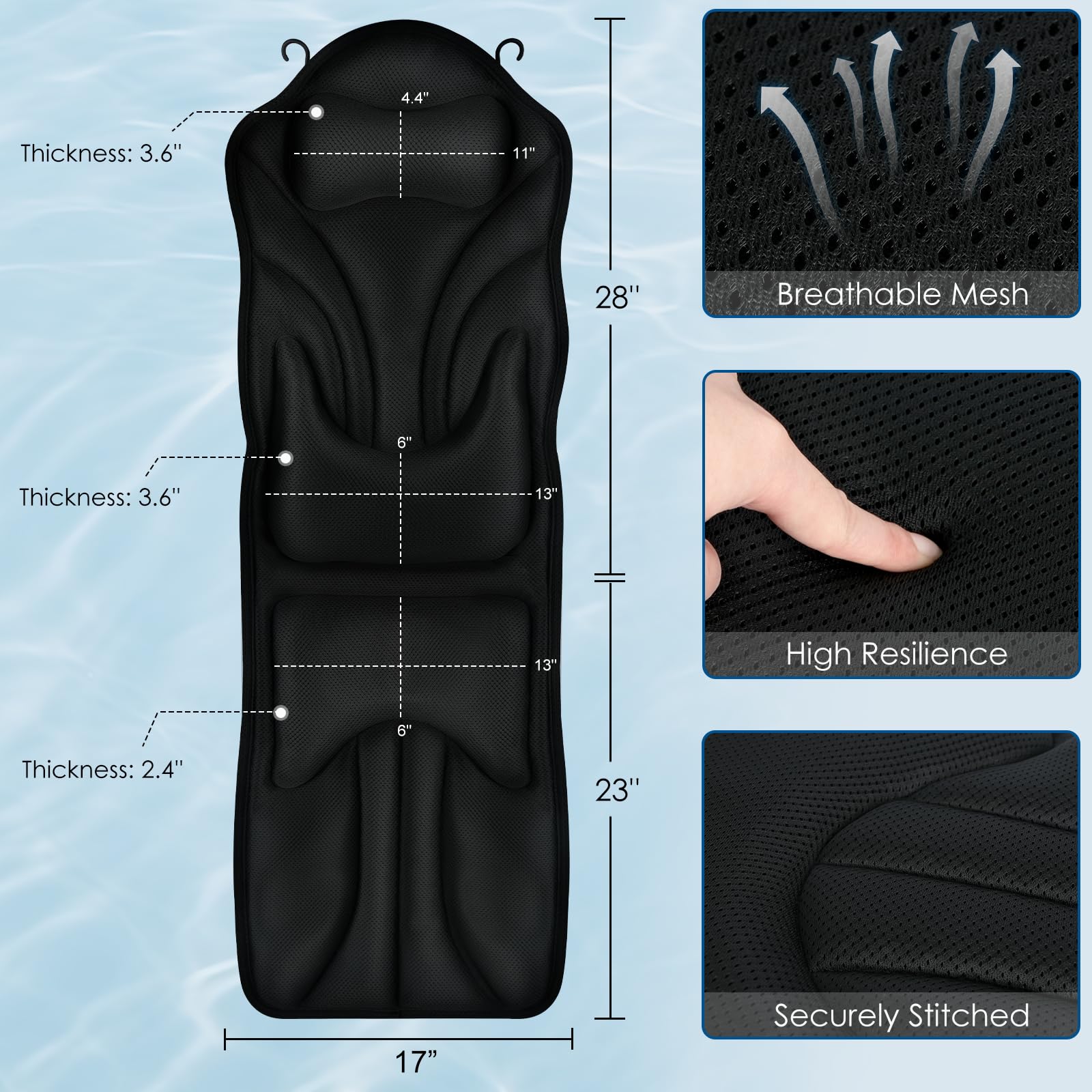 Atsuwell bath pillow with lumbar support contours the back for comfortable tub time.