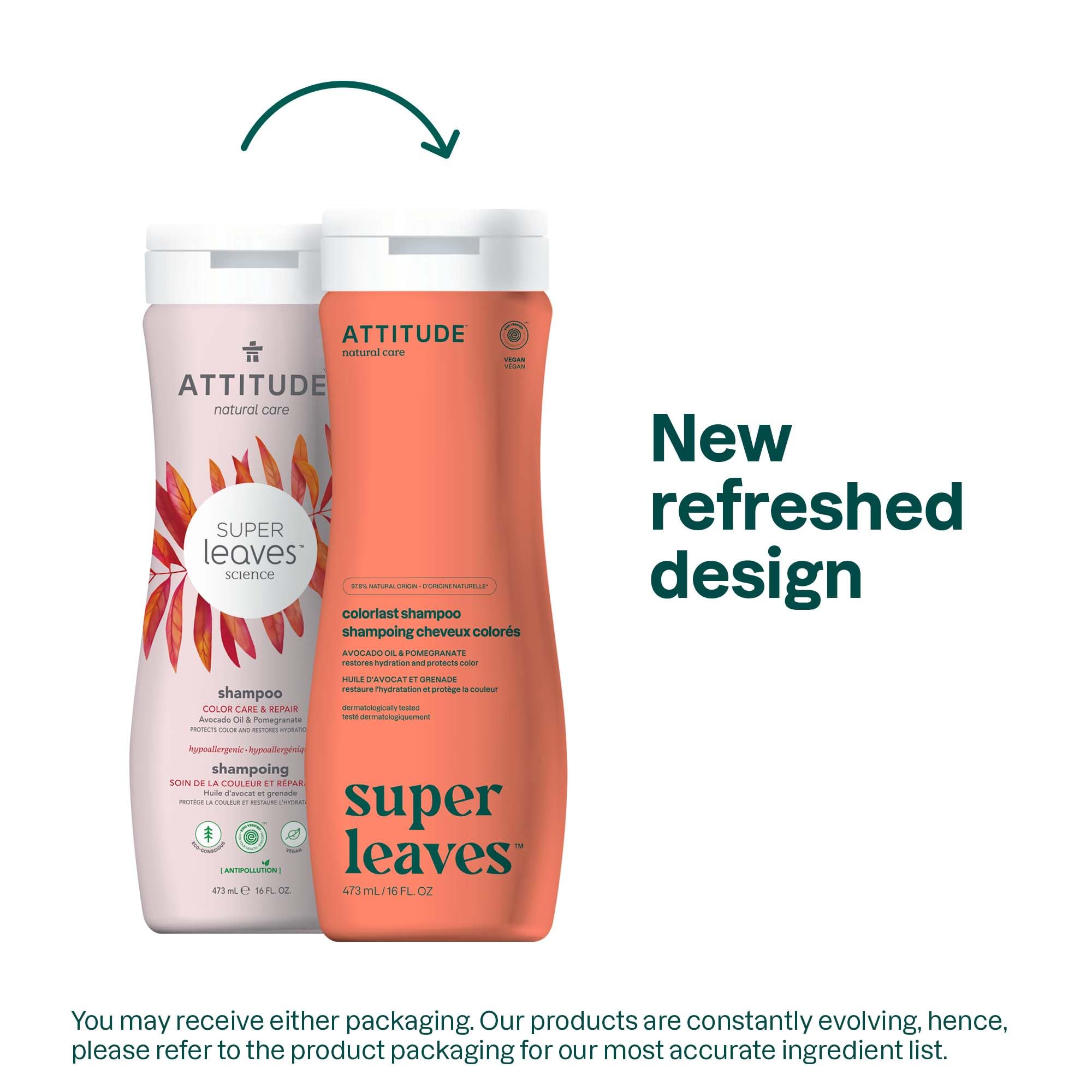 Close-up label of ATTITUDE Colorlast shampoo highlights vegan, clean ingredients.